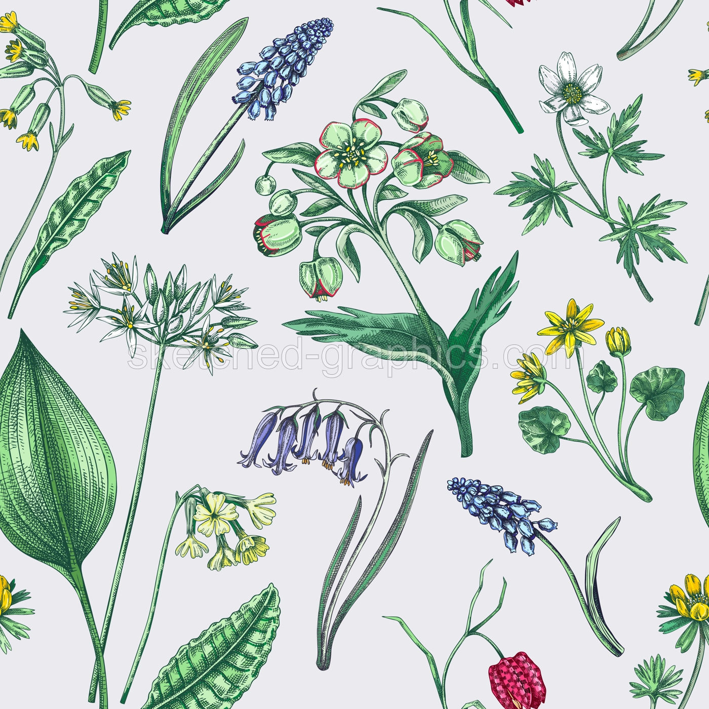Spring flowers seamless pattern. Wildflowers background. Forest plant, greenery, wild flowers sketches. Hand drawn vector illustration. Not AI-generated Illustration